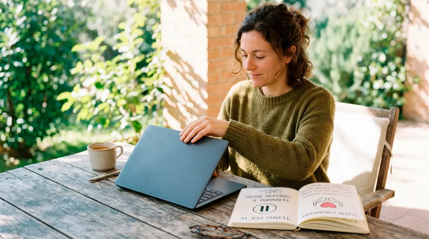 Persona che chiude con calma un laptop accanto a un taccuino con simboli di pausa e supporto